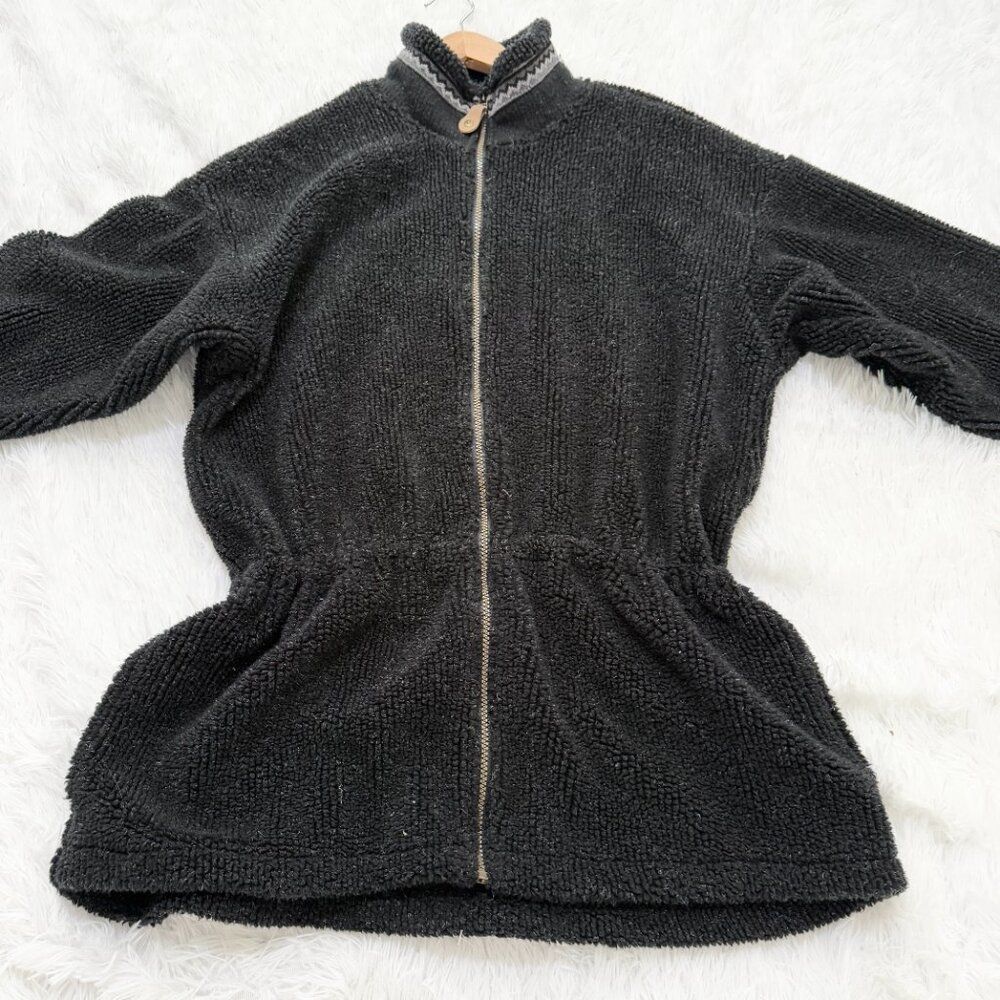 Columbia Chenille Fleece Cardigan Jacket Black Drawstring Waist Mock Neck Medium - Picture 4 of 12